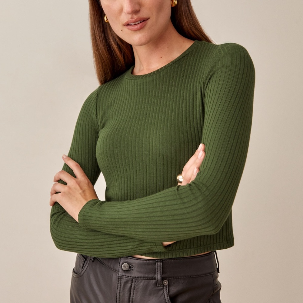 Reformation Jackie Green Ribbed Knit Top